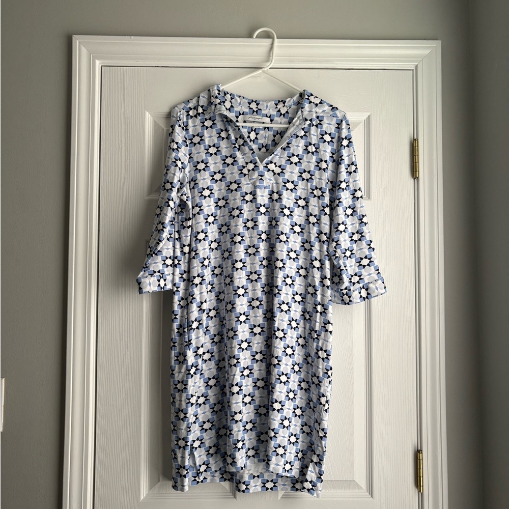 Foxcroft Blue and White Geometric Print Blouse